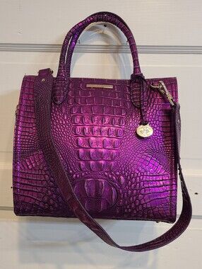 Brahmin Caroline Metallic Purple Potion Croc-Embossed Satchel